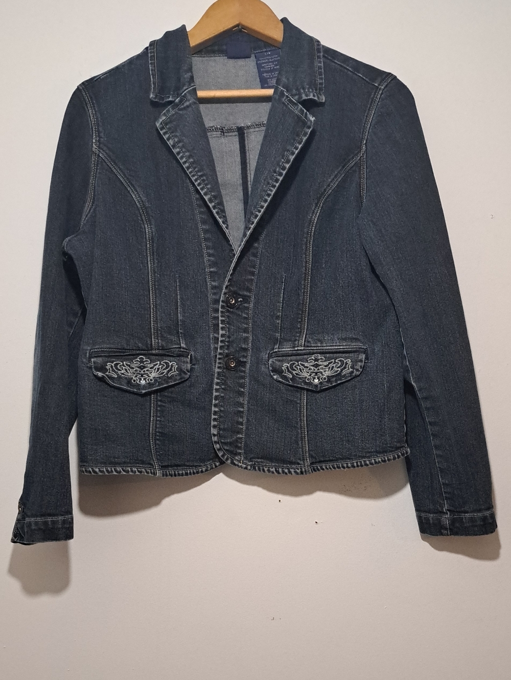 Tailored Dark Blue Denim Blazer Jacket with Embroidered Flap Pockets